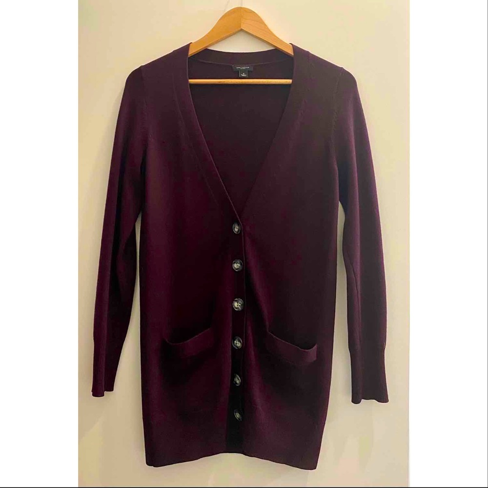 Ann Taylor Long 100% Wool Cardigan - Burgundy